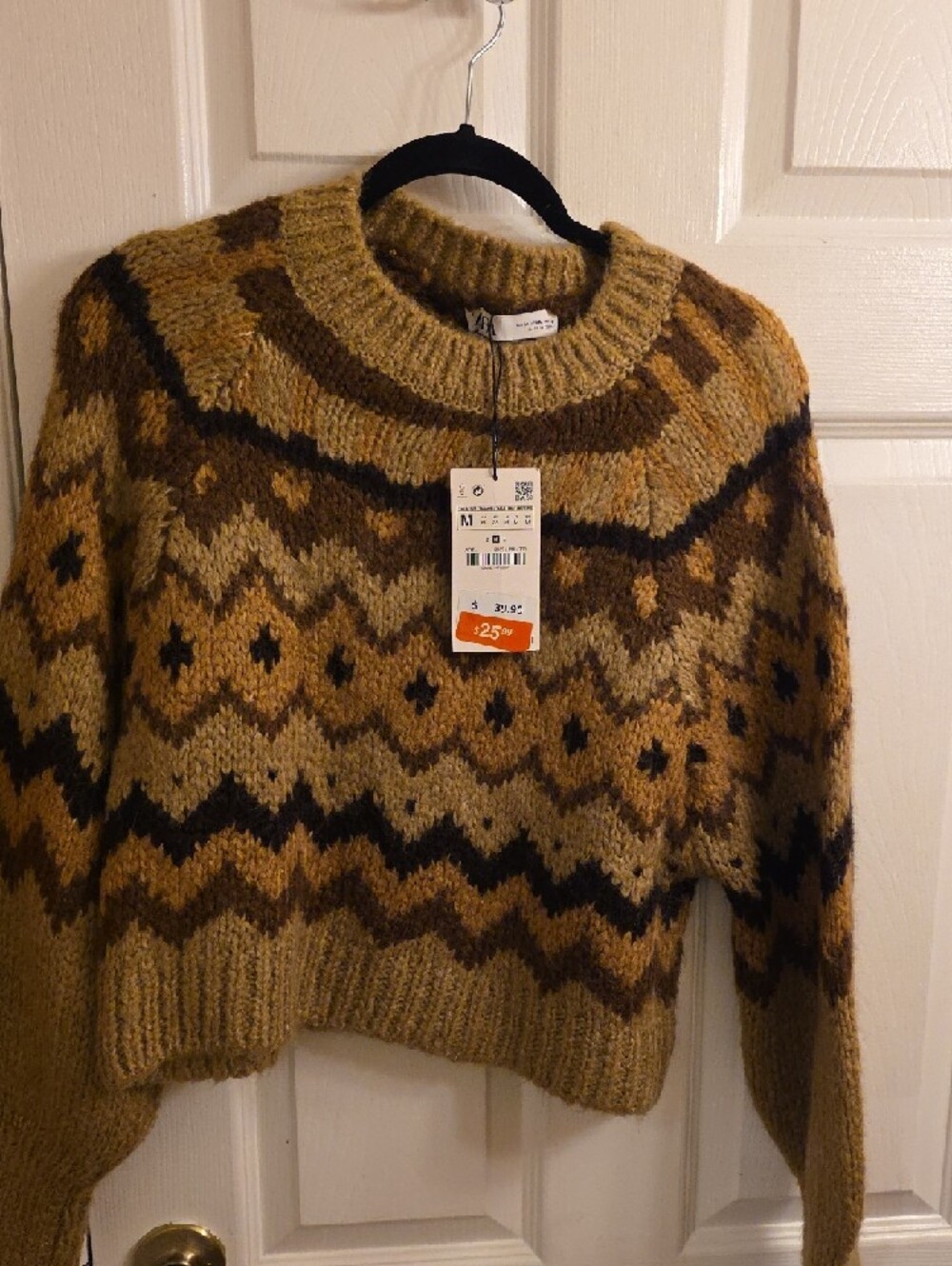 Zara Women’s Mustard and Brown Fair Isle Crewneck Sweater - Picture 2 of 6